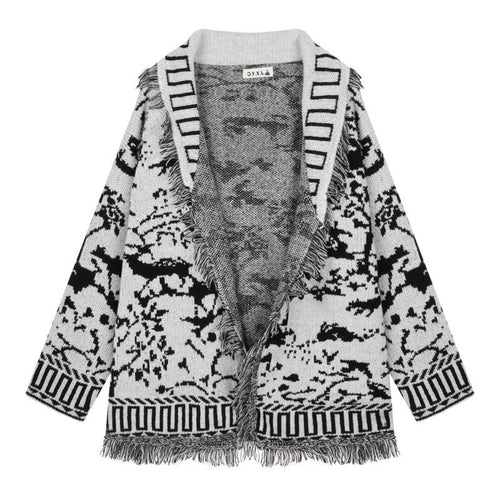 Damen Fransen-Strickjacke mit grafischem Muster und offenen Vorderteilen R&B