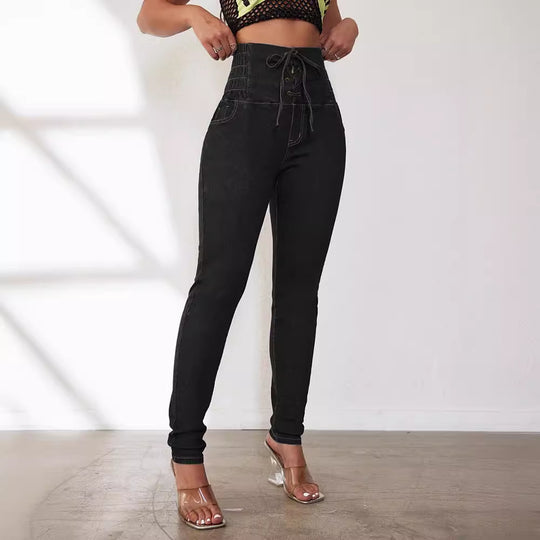 Damen Hochtaillierte Jeans mit verstellbarem Kordelzug und taillierter Passform R&B