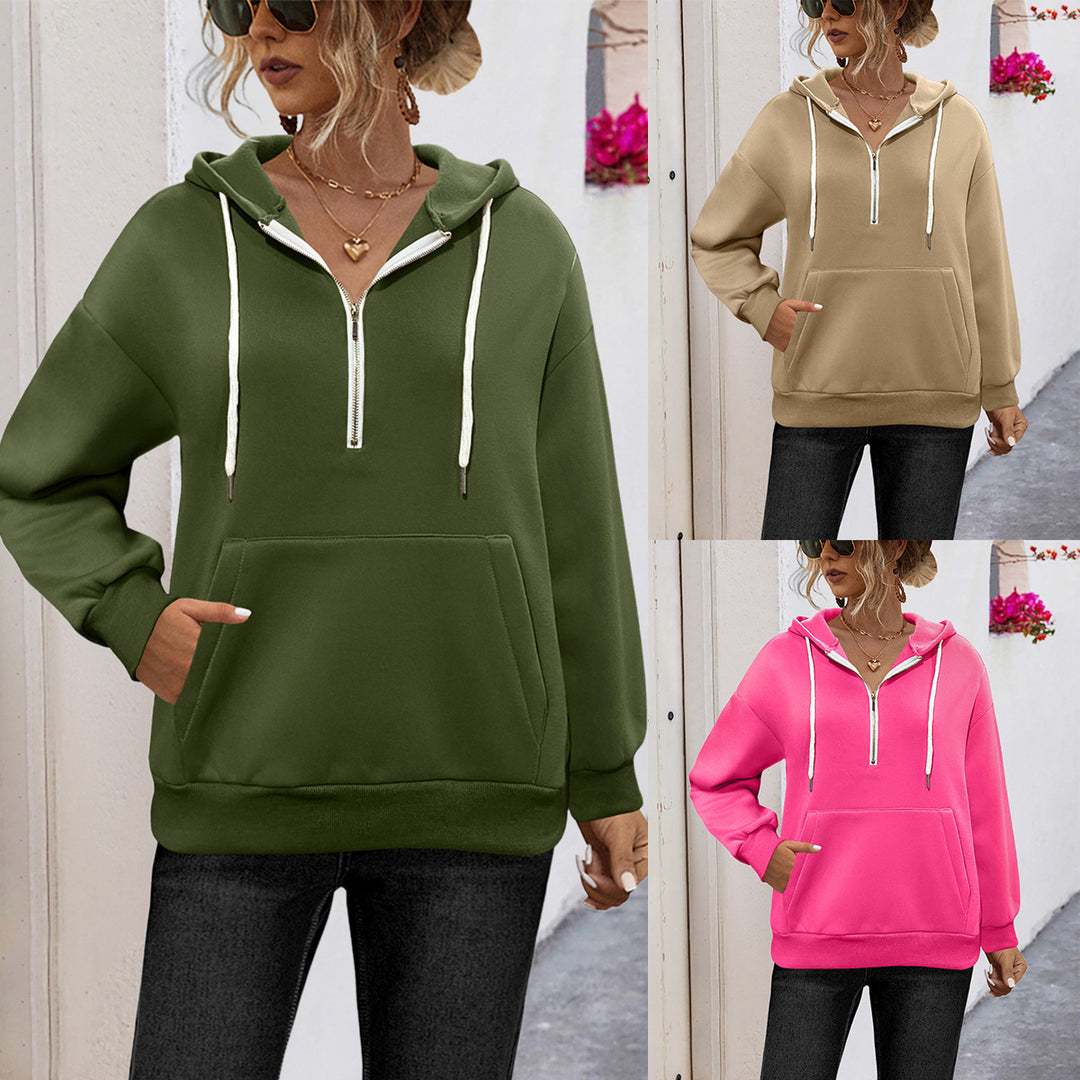 Damen Kapuzenpullover mit halbem Reißverschluss und praktischer Kängurutasche R&B
