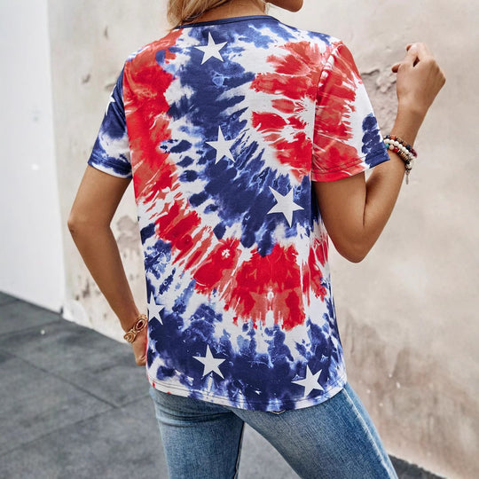 Damen Kurzarm T-Shirt mit knöpfbarem Ausschnitt und verspieltem Batik-Design R&B