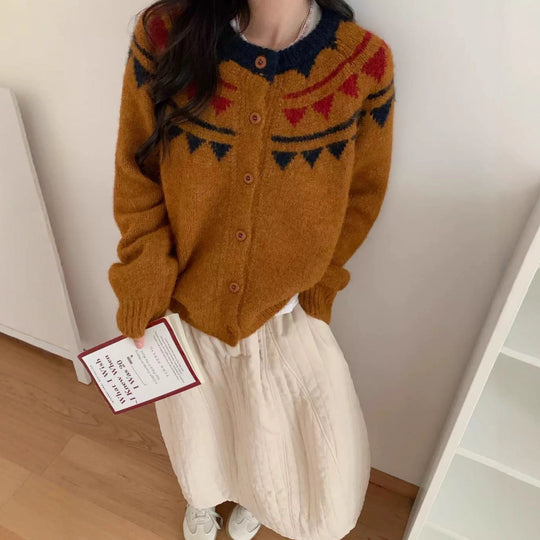 Damen Grobstrickcardigan mit aufwendigem Farbmuster und komfortablem Knopfverschluss R&B