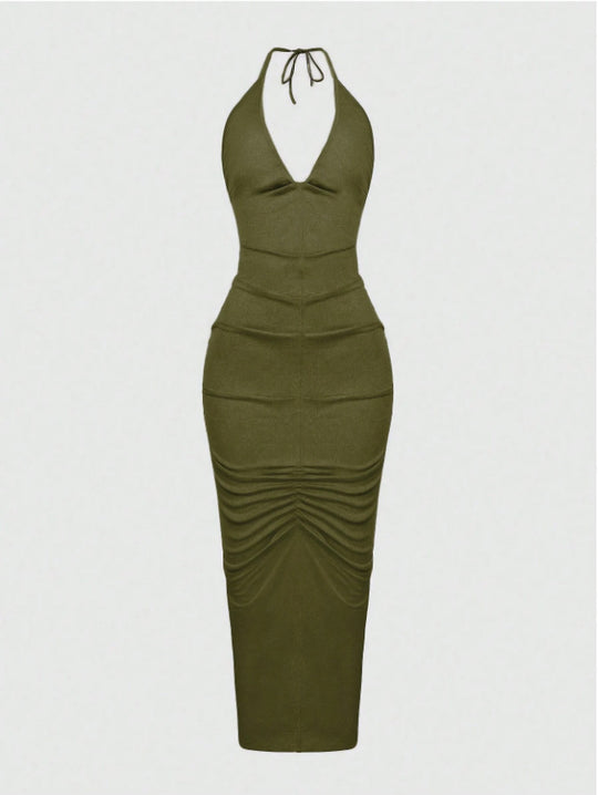 Damen Elegantes Maxikleid mit tiefem V-Ausschnitt und Raffung R&B