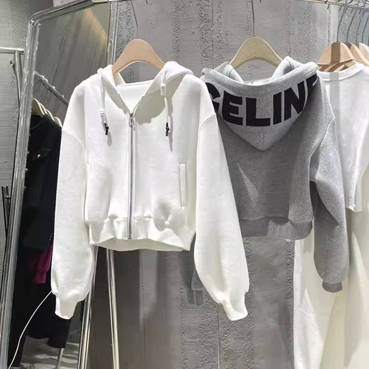 Damen cropped Kapuzenjacke mit lässigem Schnitt und elastischen Bündchen