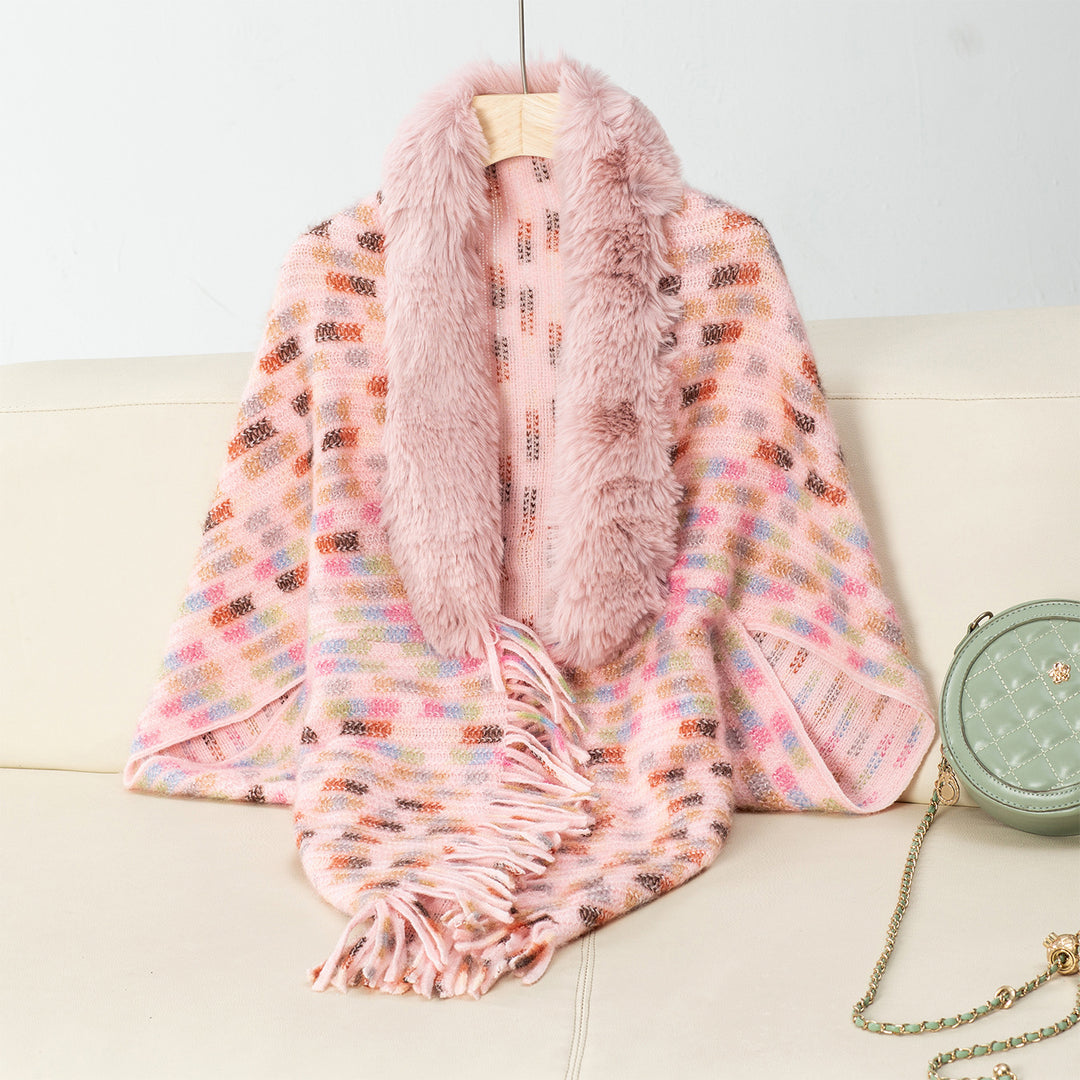 Damen eleganter Poncho mit luxuriösem Kunstfellkragen und Fransen R&B