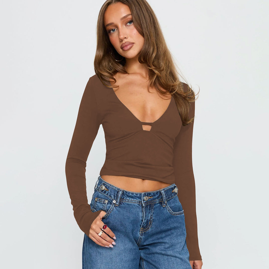 Damen Figurnahes Langarmoberteil mit tiefem V-Ausschnitt und Schnittdetail R&B