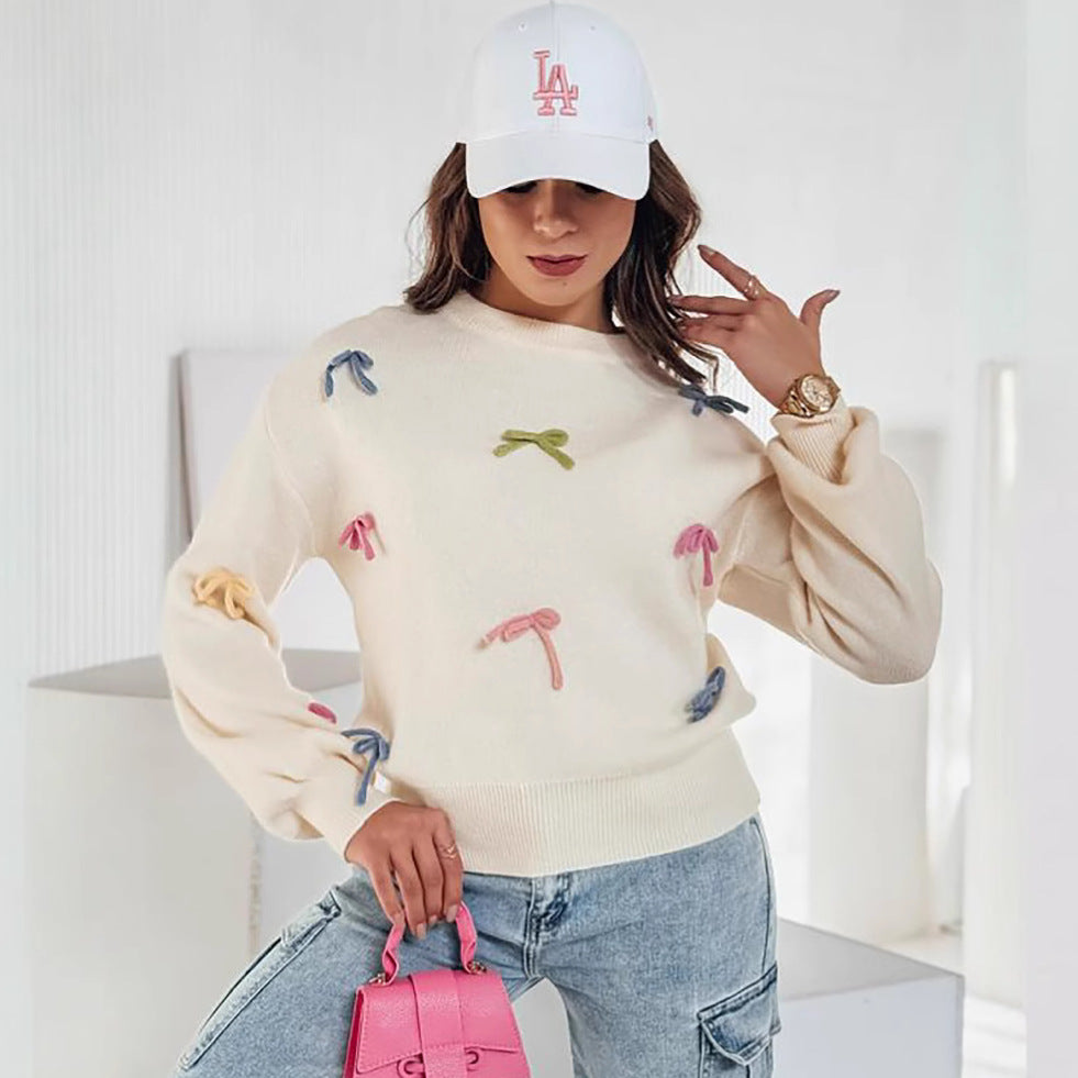 Damen Strickpullover mit verspielten Schleifenapplikationen und lässigem Schnitt R&B