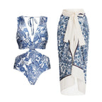Damen Badeanzug-Set mit elegantem Wickelrock und modischem Floral-Design R&B