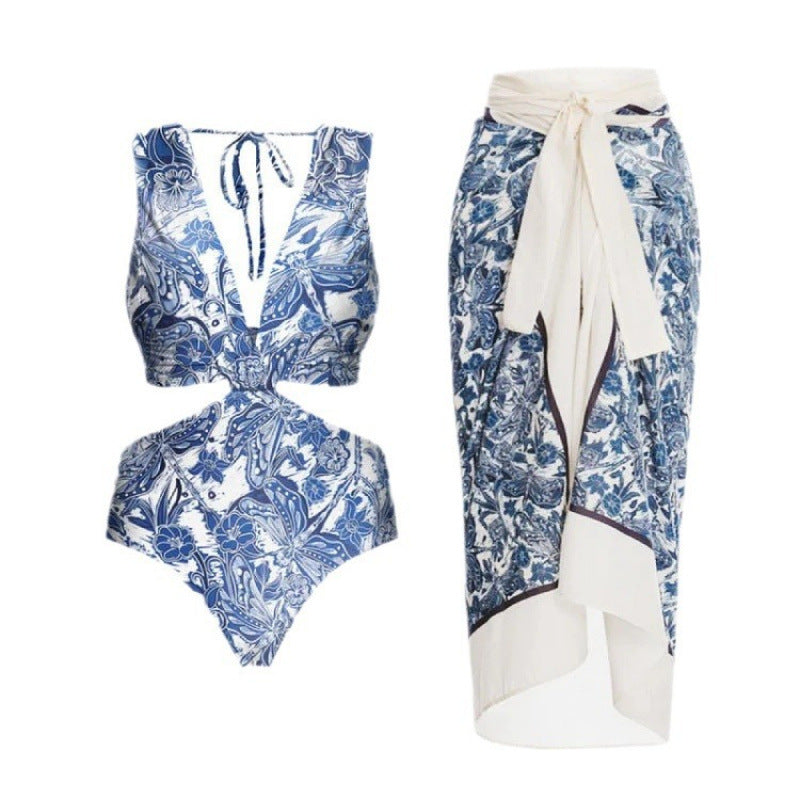 Damen Badeanzug-Set mit elegantem Wickelrock und modischem Floral-Design R&B