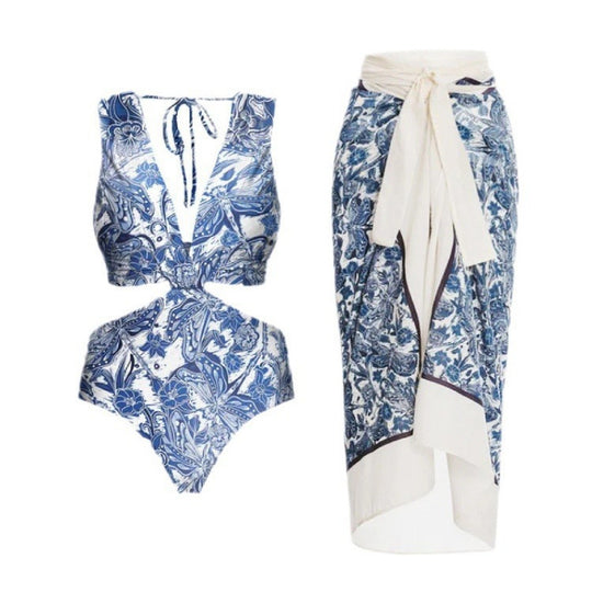 Damen Badeanzug-Set mit elegantem Wickelrock und modischem Floral-Design R&B