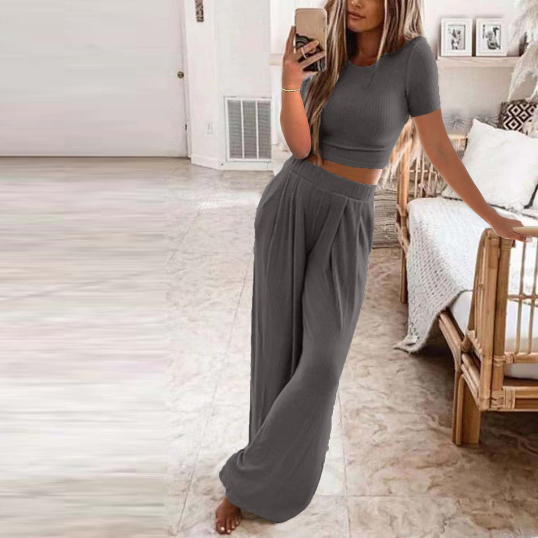 Damen Set aus kurzer Strickoberteile und weiten Hosen R&B