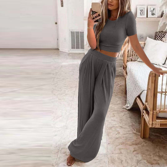 Damen Set aus kurzer Strickoberteile und weiten Hosen R&B