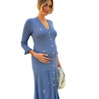 Damen Strickmaxikleid mit Knopfleiste und modischem V-Ausschnitt R&B