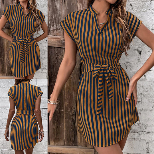 Damen Kurzärmeliges Wickelkleid mit Streifenmuster und Taillengürtel R&B