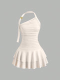 Damen asymmetrisches Wickelkleid mit gerafftem Design R&B
