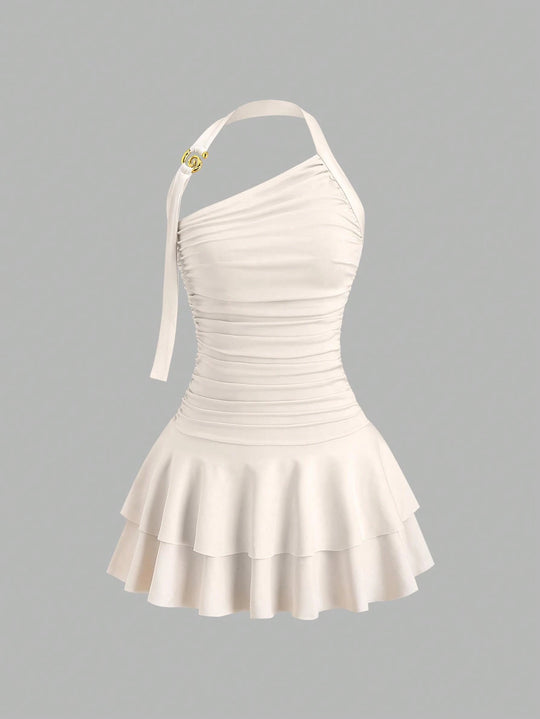 Damen asymmetrisches Wickelkleid mit gerafftem Design R&B