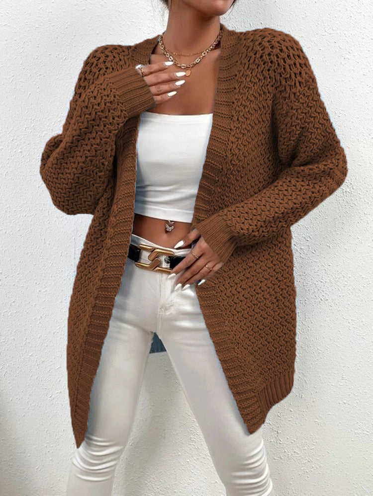Damen Strickjacke mit offener Front und luftiger Häkelstruktur R&B