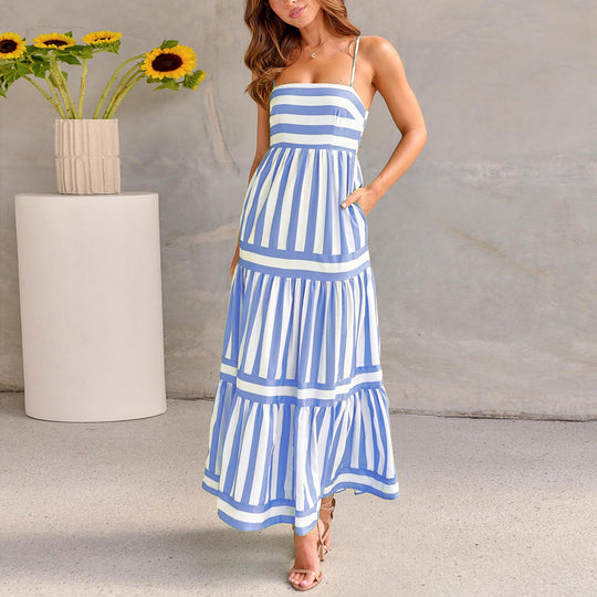 Damen Maxikleid mit Streifenmuster und fließendem Rock R&B