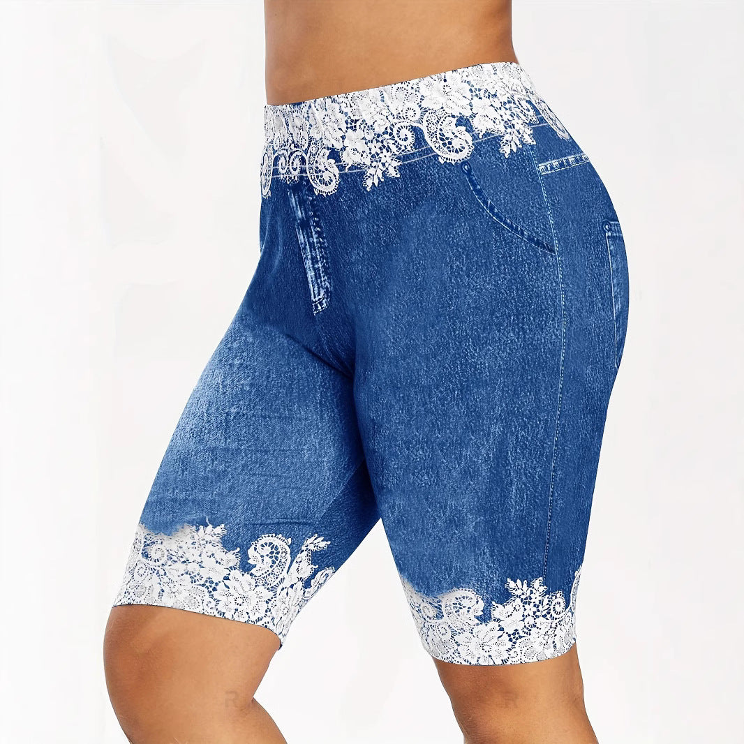 Damen Jeans-Bermuda-Shorts mit Spitzendetails und seitlichen Taschen R&B