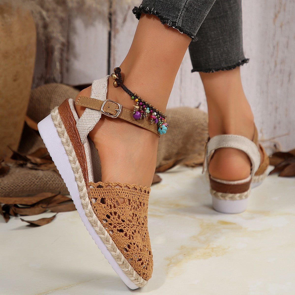 Damen Espadrilles mit Häkel-Design und verstellbarem Riemen R&B