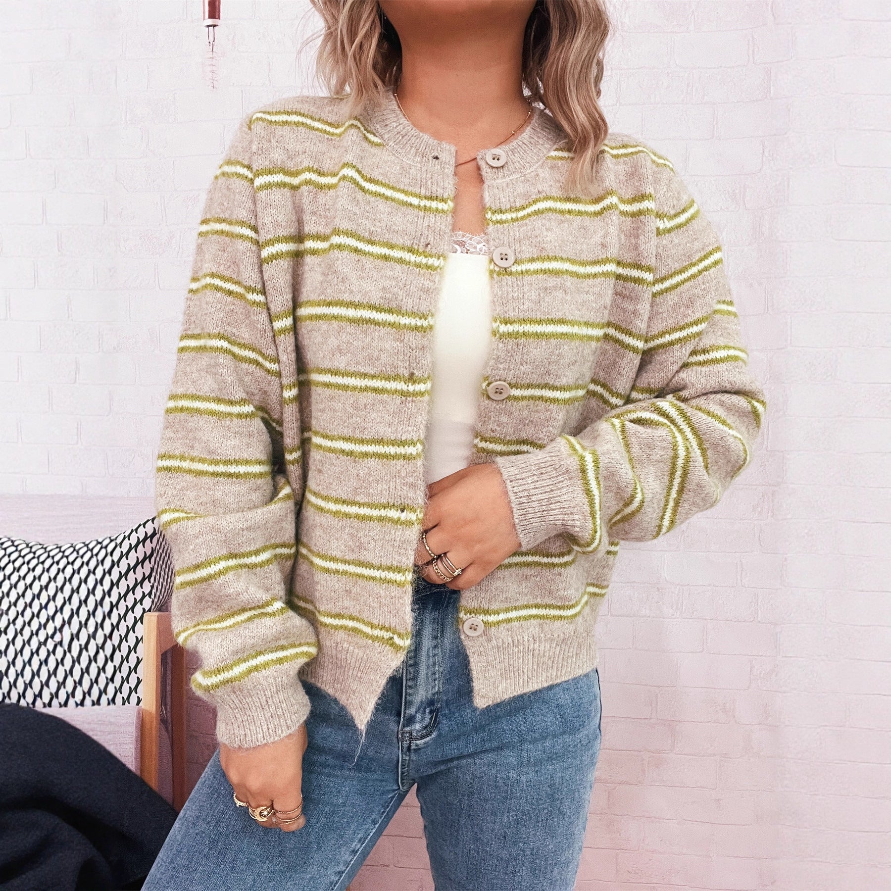 Damen Langärmliger Strickcardigan mit modischem Streifenmuster R&B