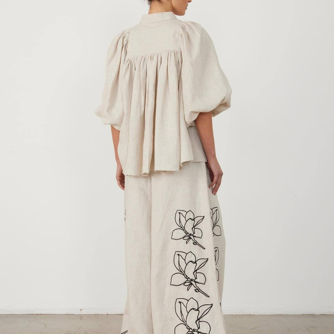 Damen Weit geschnittene Leinenhose mit floralen Stickereien R&B