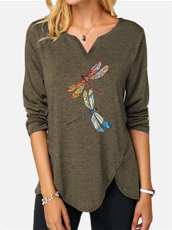 Damen V-Ausschnitt Langarmshirt mit Drachenfliegen-Print R&B