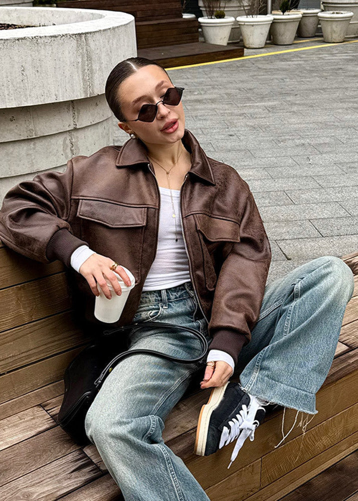R&B | Distressed Fauxleder Zip-Jacke