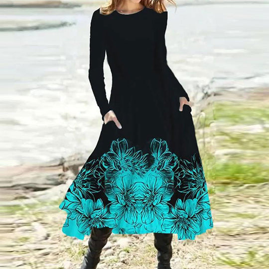 Damen nan fließendes Maxikleid mit Batikkreis-Muster, Rundhalsausschnitt, Taillennaht und Eingrifftaschen R&B