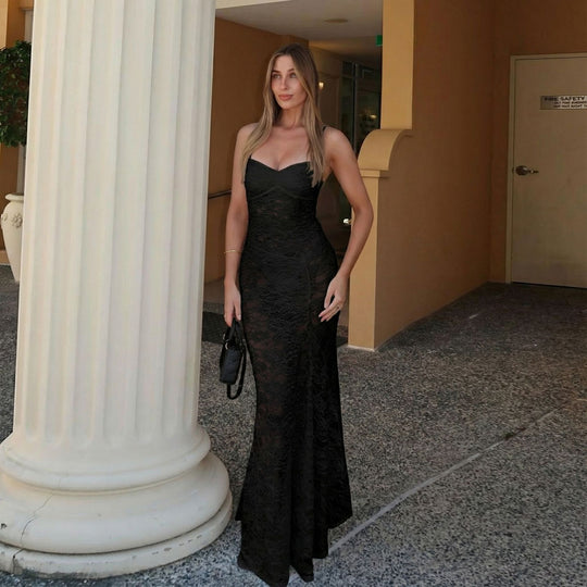Damen sexy Spitzen Maxi-Kleid mit verstellbaren Trägern und Herzen-Ausschnitt R&B