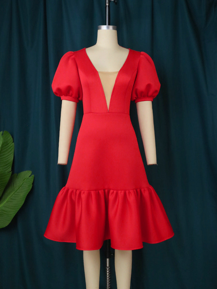 Damen elegantes Wickelkleid mit voluminösen Puffärmeln und Rüschensaum R&B