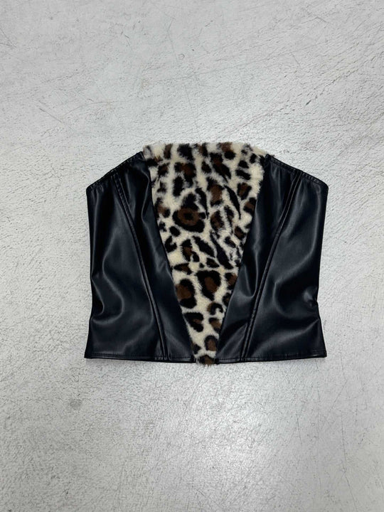 Damen Oberteil und Rockset mit Leopardenmuster und Kunstlederdetails R&B