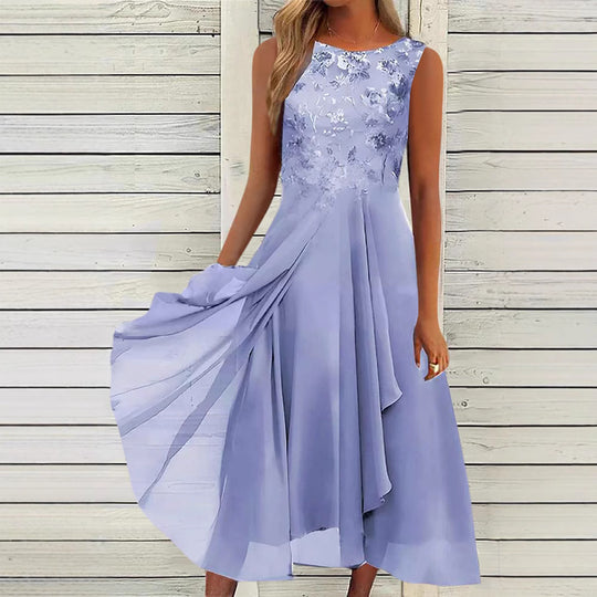 Damen nan ärmelloses Chiffon-Midikleid mit bestickter Brustpartie und asymmetrischem Lagenrock R&B