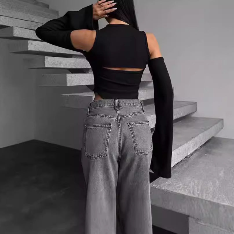Damen Langarm-Shirt mit innovativem Cut-Out-Design und schmalen Ärmeln R&B