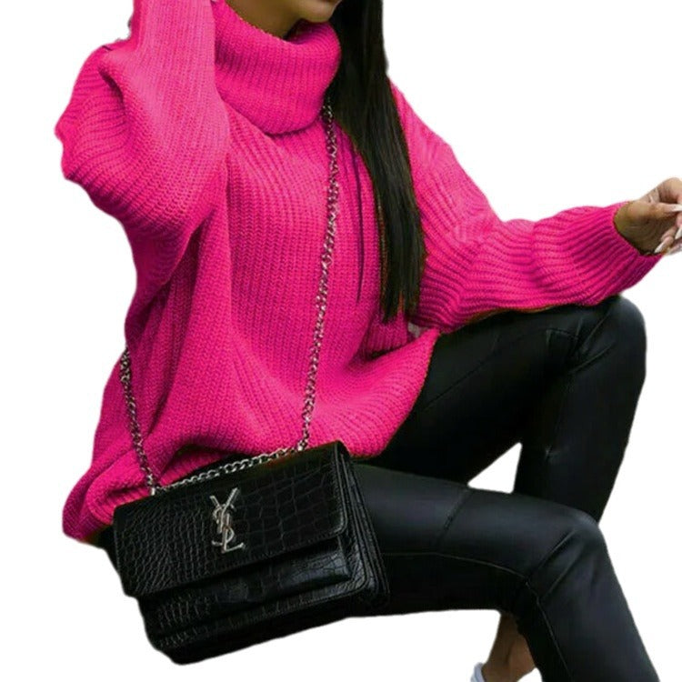 Damen Grobstrickpullover mit hohem Kragen und lässigem Schnitt R&B