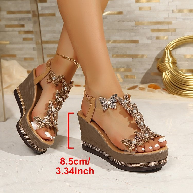 Damen Wedge-Sandalen mit floralem Dekor und dezentem Glitzerelement R&B