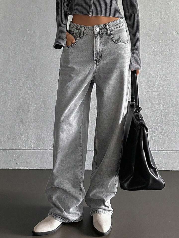 Damen weite Jeans im lässigen Vintage-Design mit hoher Taille und beständigem Stoff R&B