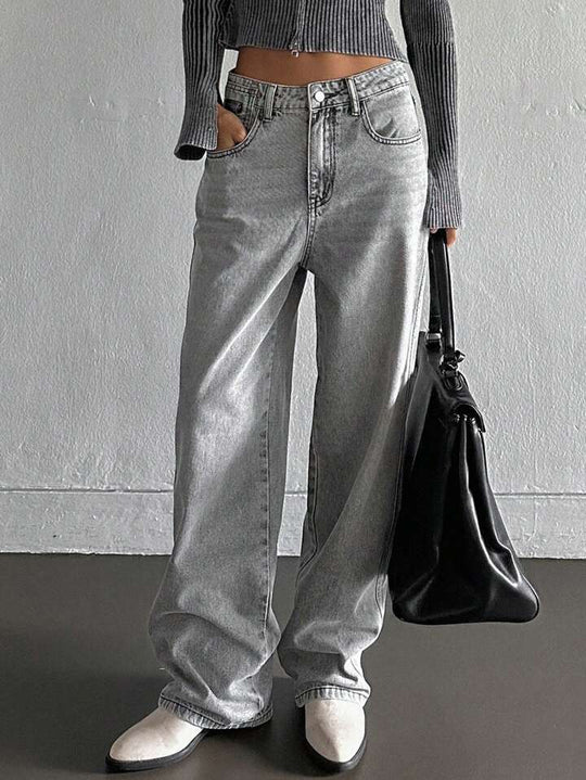 Damen weite Jeans im lässigen Vintage-Design mit hoher Taille und beständigem Stoff R&B