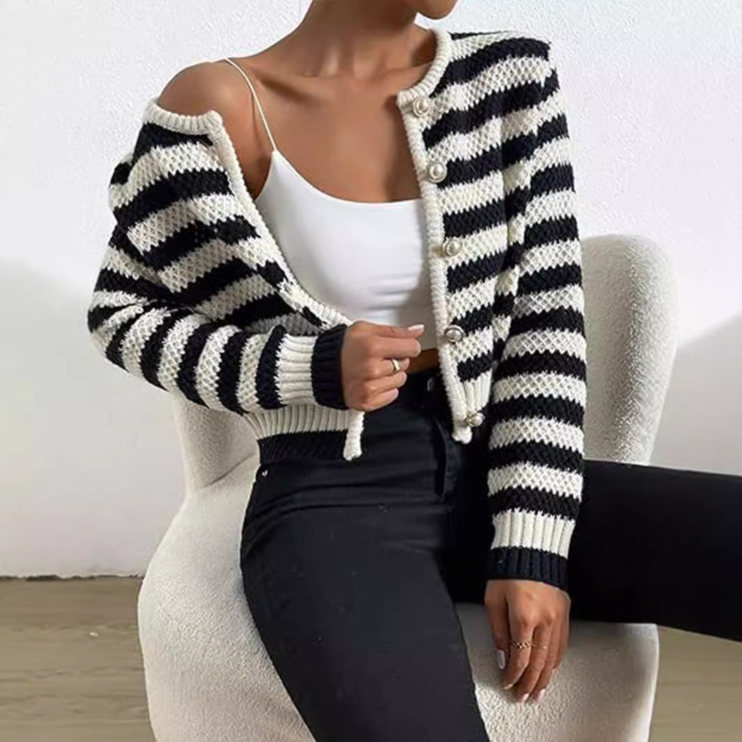 Damen gestreifte Strickjacke mit dekorativen Knöpfen R&B