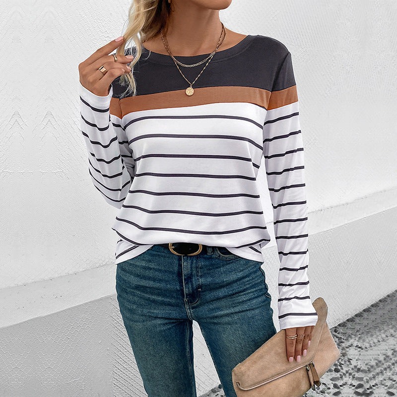 Damen Langarmshirt mit modischem Streifenmuster und kontrastierendem Oberteil R&B