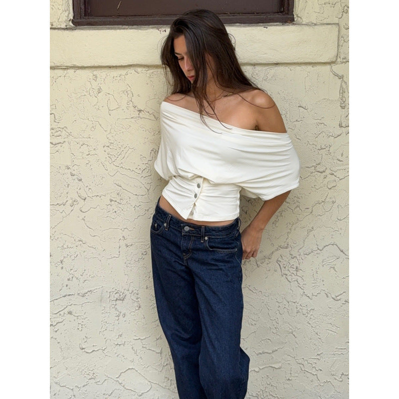 Damen Off-Shoulder Oberteil mit Knopfdetails R&B