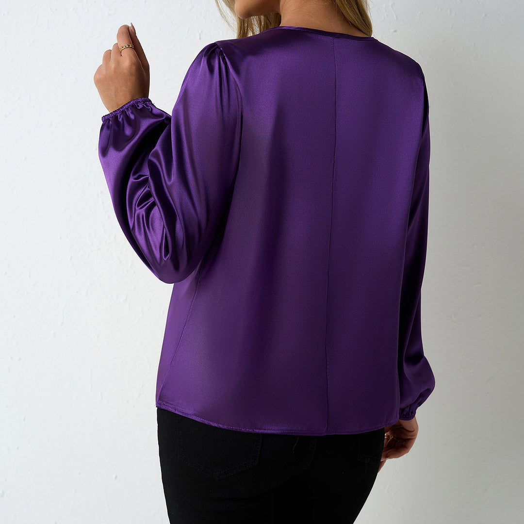 Damen elegante Satinbluse mit verspieltem Schlüsselausschnitt R&B
