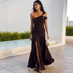 Damen elegantes, tailliertes Abendkleid mit asymmetrischem Träger R&B