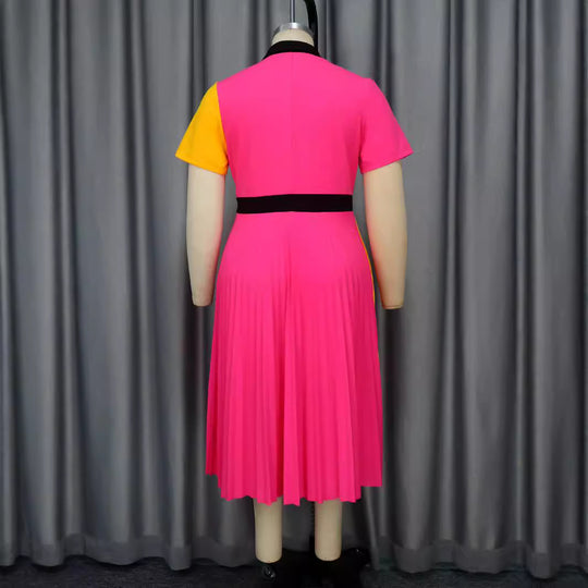 Damen plissiertes Kleid mit Umschlagkragen und kontrastierenden Farbblöcken R&B