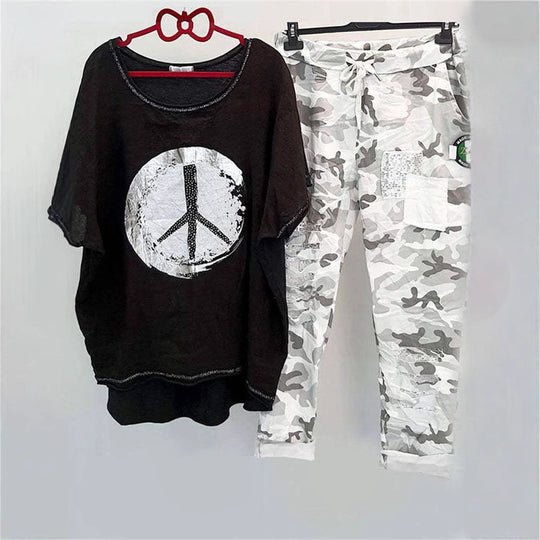 Damen nan lässiges Freizeit-Zweiteiler mit weit geschnittenem Leinenoptik-Shirt, Peace-Symbol und Camouflage-Jogpant mit Patchdetails R&B