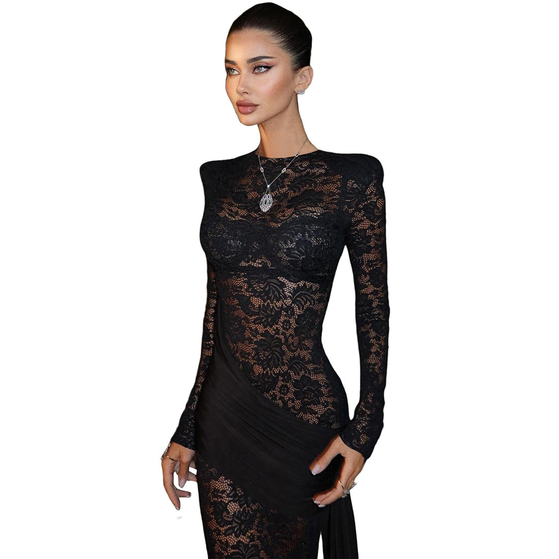 Damen Elegantes Spitzenkleid mit langem Arm und raffinierter Drapierung R&B