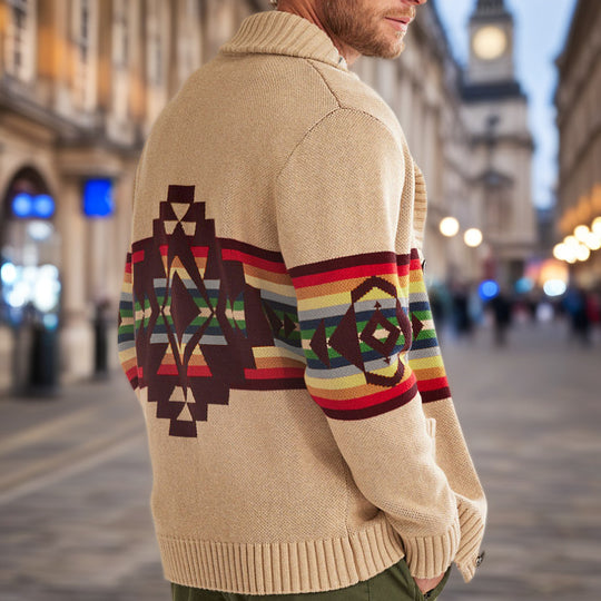 Herren Strickjacke mit bunten Mustern und gemütlichem Schalkragen R&B