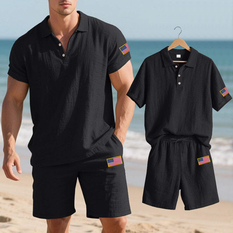 Herren Polo- und Shorts-Set mit gesticktem Länderflaggen-Motiv