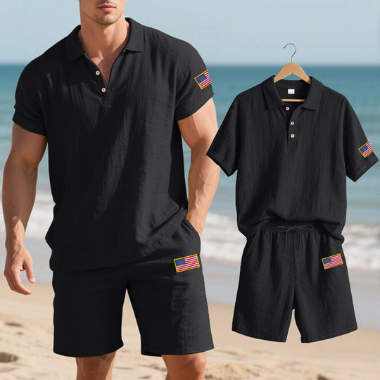 Herren Polo- und Shorts-Set mit gesticktem Länderflaggen-Motiv R&B