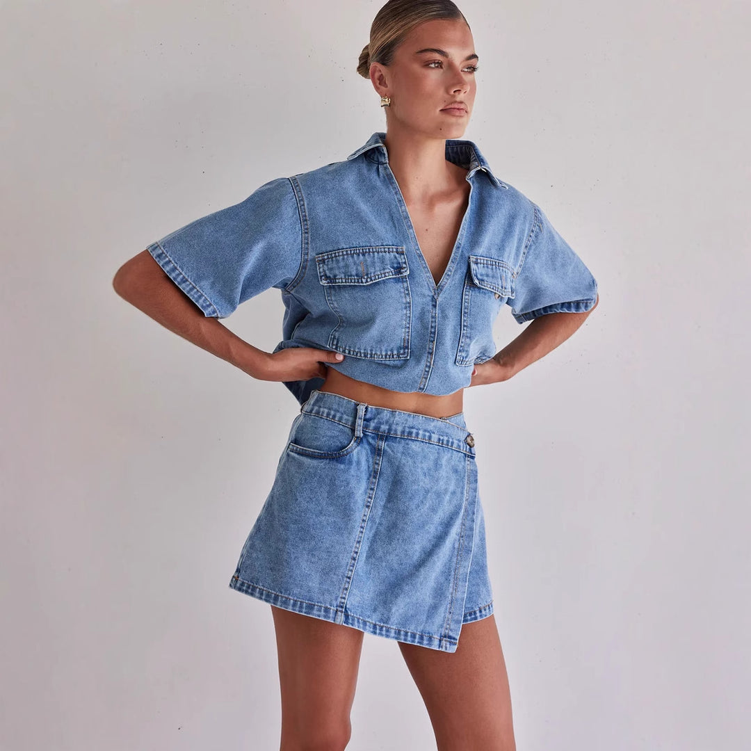 Damen Denim-Kurzjacke mit passendem Rock im lässigen Stil R&B