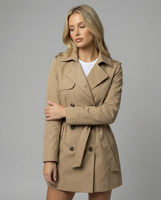 Damen Hoodie Herren Mehrfarbig taillierter Kurzmantel aus Wollmix mit Bindegürtel und doppelreihiger Knopfleiste R&B